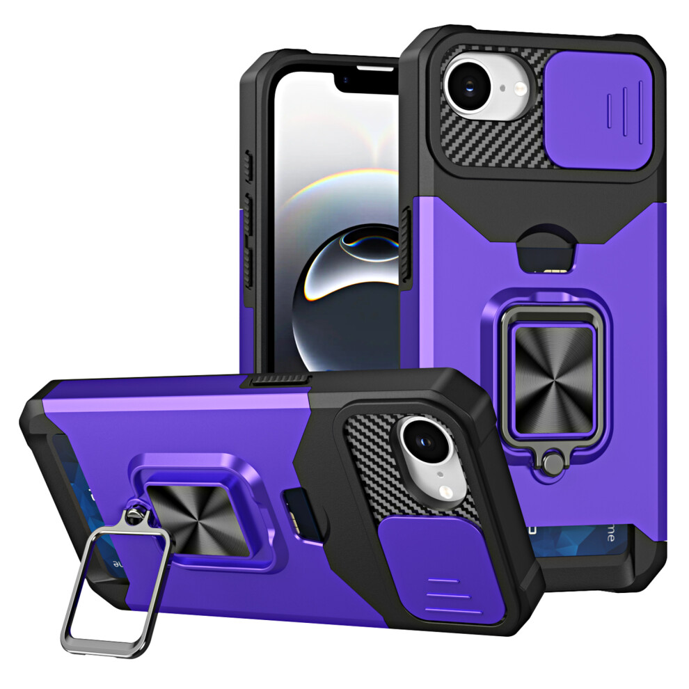 (Iphone 16E, ) For Iphone 16E Case Kickstand Slide Lens Lid Pc+Tpu Phone Cover With Card Slot Purple 6914287695351