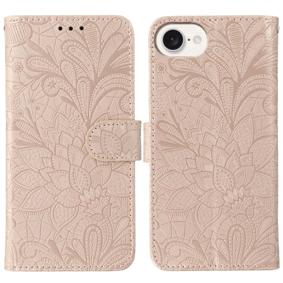 (Iphone 16E, Rose ) For Iphone 16E Case Lace Flowers Pu Leather Flip Wallet Phone Cover Gold 6914280322155