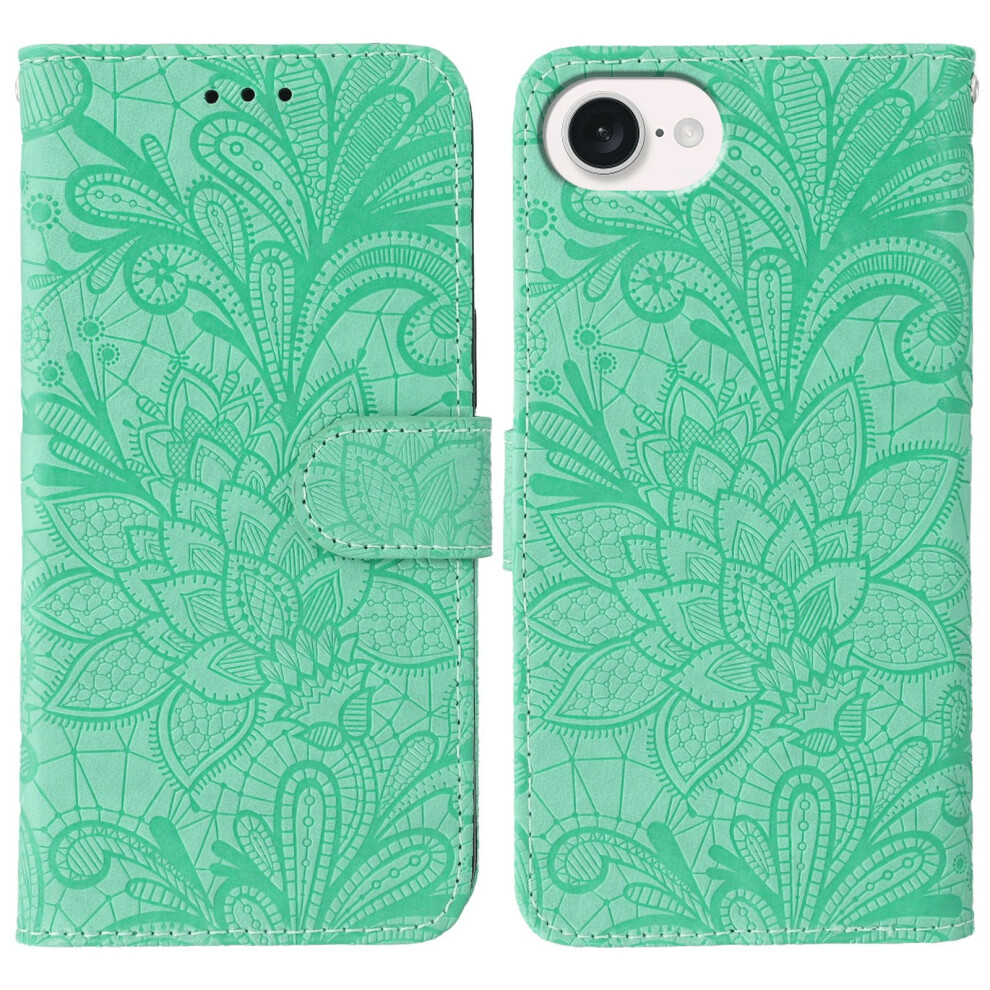 (Iphone 16E, ) For Iphone 16E Case Lace Flowers Pu Leather Flip Wallet Phone Cover Green 6914282468219