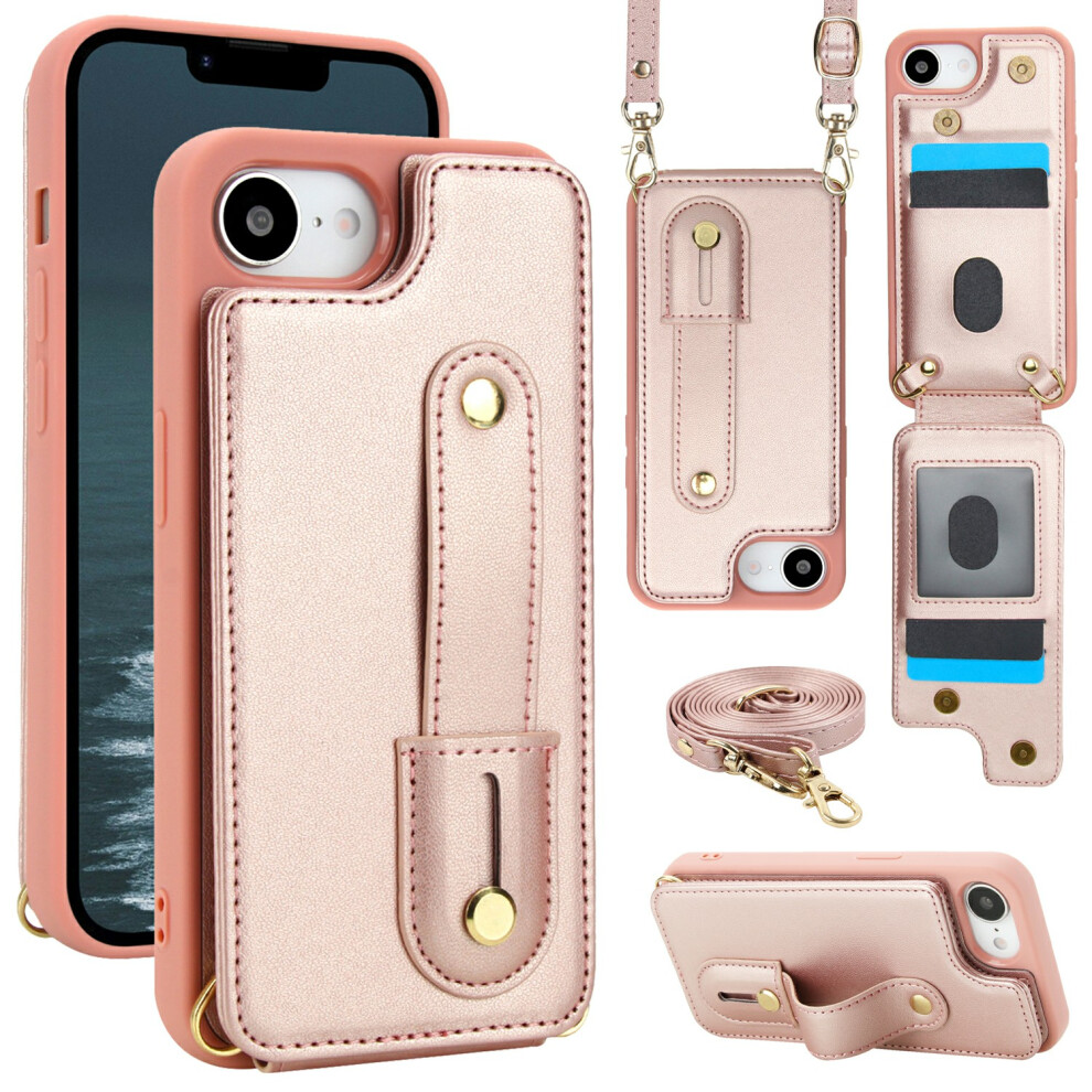 (Iphone 16E, Rose ) For Iphone 16E Case Kickstand Card Slots Leather Coated Tpu Cover With Shoulder Strap Gold 6914284094447