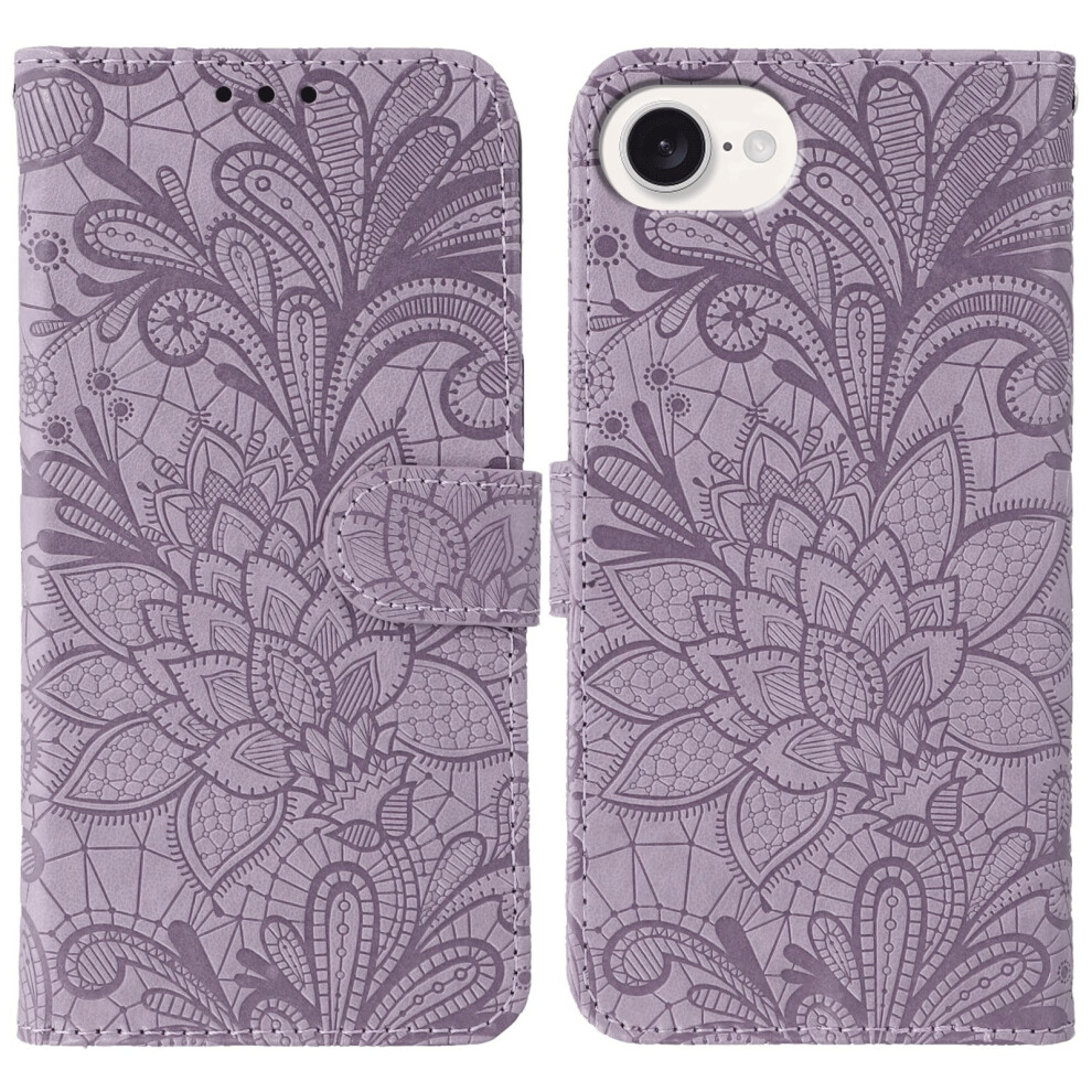 (Iphone 16E, ) For Iphone 16E Case Lace Flowers Pu Leather Flip Wallet Phone Cover Purple 6914280158495