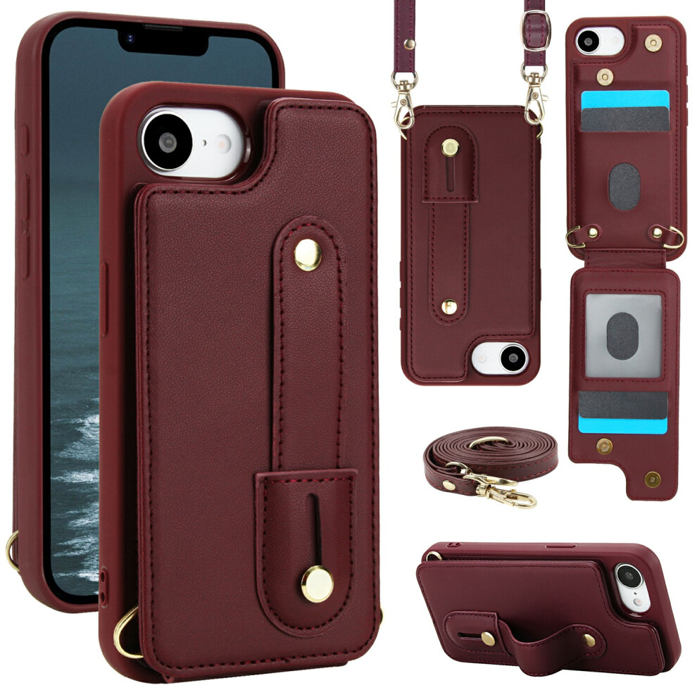 (Iphone 16E, Wine ) For Iphone 16E Case Kickstand Card Slots Leather Coated Tpu Cover With Shoulder Strap Red 6914287988613