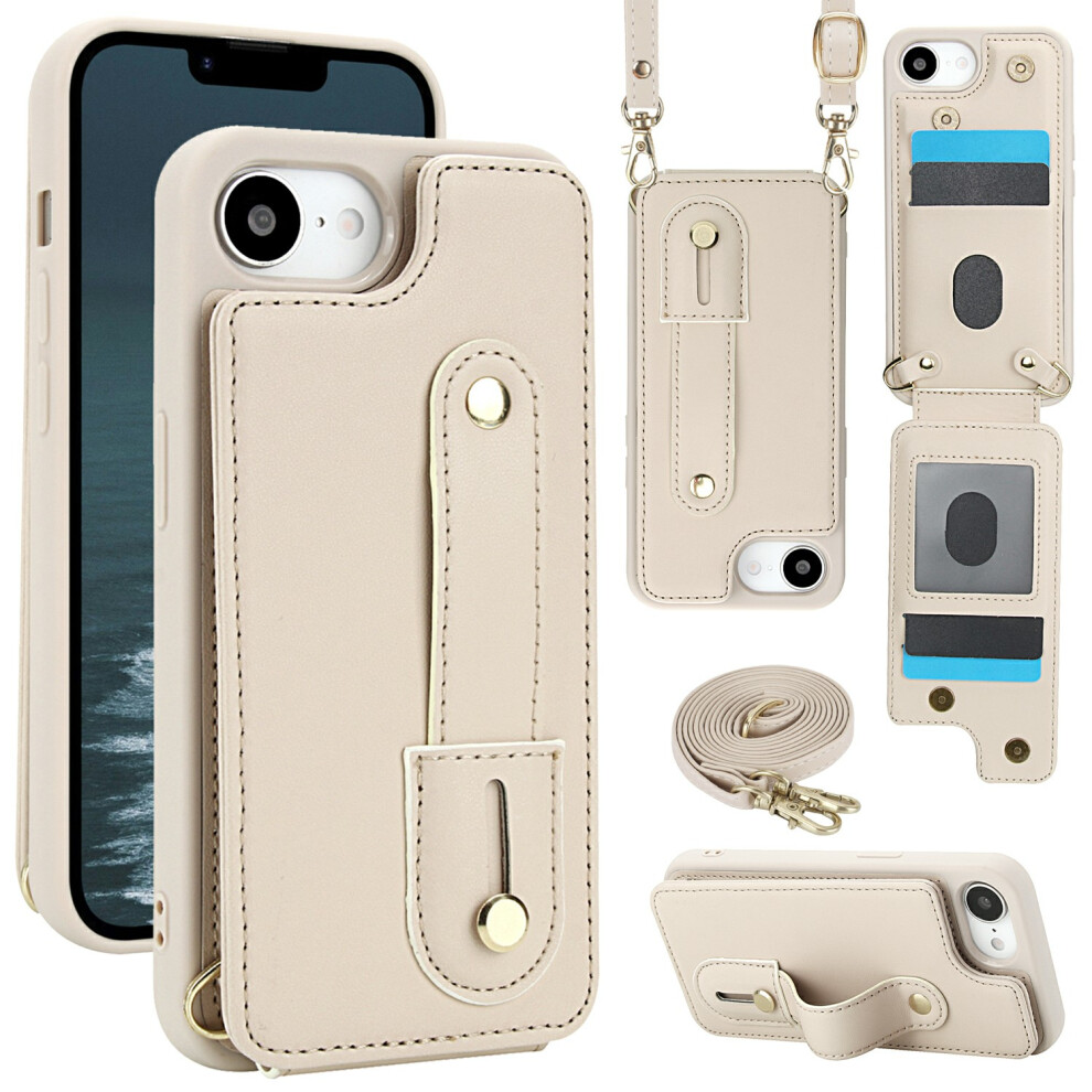 (Iphone 16E, Beige) For Iphone 16E Case Kickstand Card Slots Leather Coated Tpu Cover With Shoulder Strap Cream 6914286036773