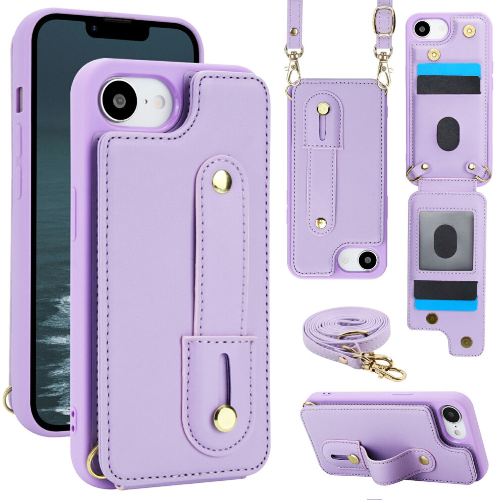 (Iphone 16E, ) For Iphone 16E Case Kickstand Card Slots Leather Coated Tpu Cover With Shoulder Strap Purple 6914289624823