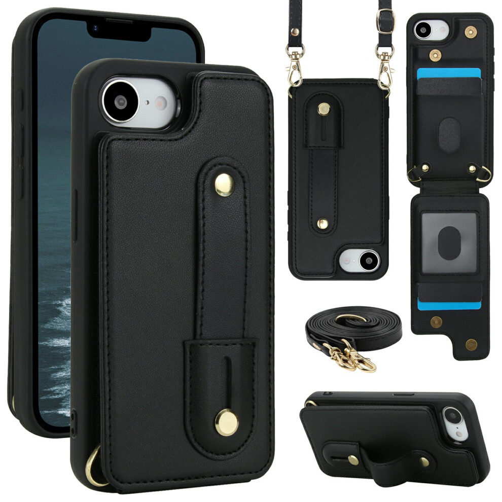 (Iphone 16E, ) For Iphone 16E Case Kickstand Card Slots Leather Coated Tpu Cover With Shoulder Strap Black 6914283039838