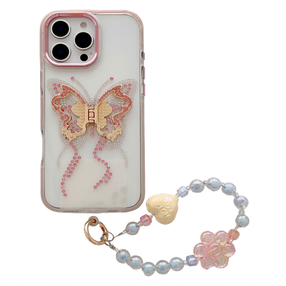(Iphone 16 Pro, ) For Iphone 16 Pro Case With Strap Butterfly Kickstand Tpu+Pc Shockproof Phone Cover Pink 6914282821335