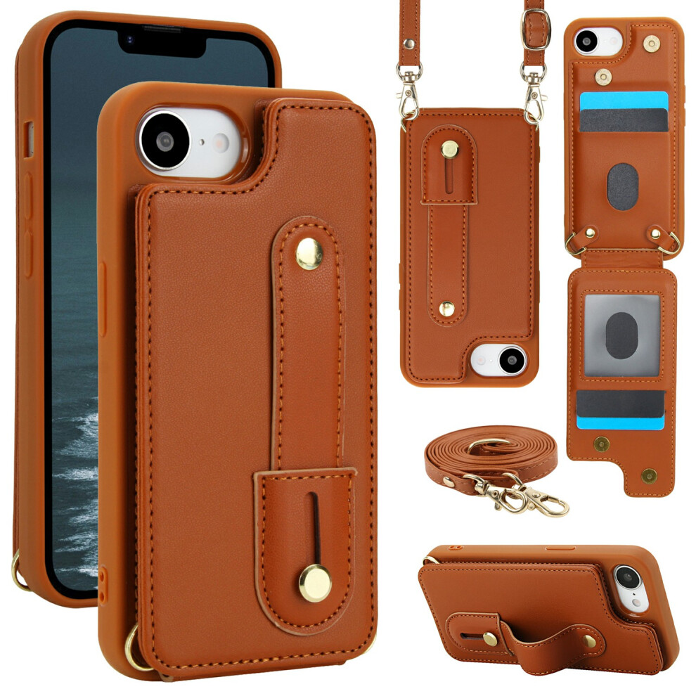(Iphone 16E, ) For Iphone 16E Case Kickstand Card Slots Leather Coated Tpu Cover With Shoulder Strap Brown 6914287190702