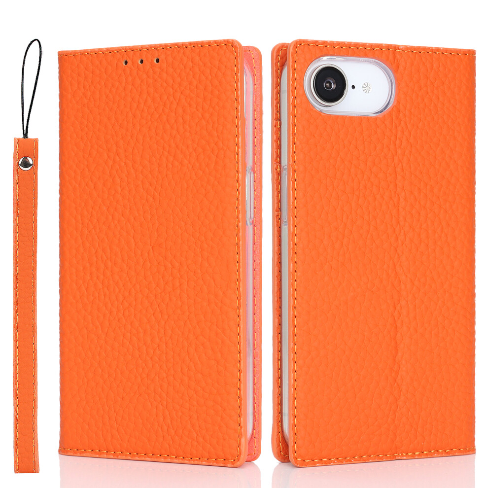 (Iphone 16E, ) For Iphone 16E Wallet Case Genuine Cow Leather Phone Cover Litchi Texture Orange 6914282197539