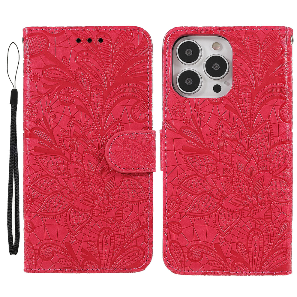 (Iphone 15 Pro, ) For Iphone 15 Pro Case Lace Flowers Pu Leather Flip Wallet Phone Cover Red 6914280878553