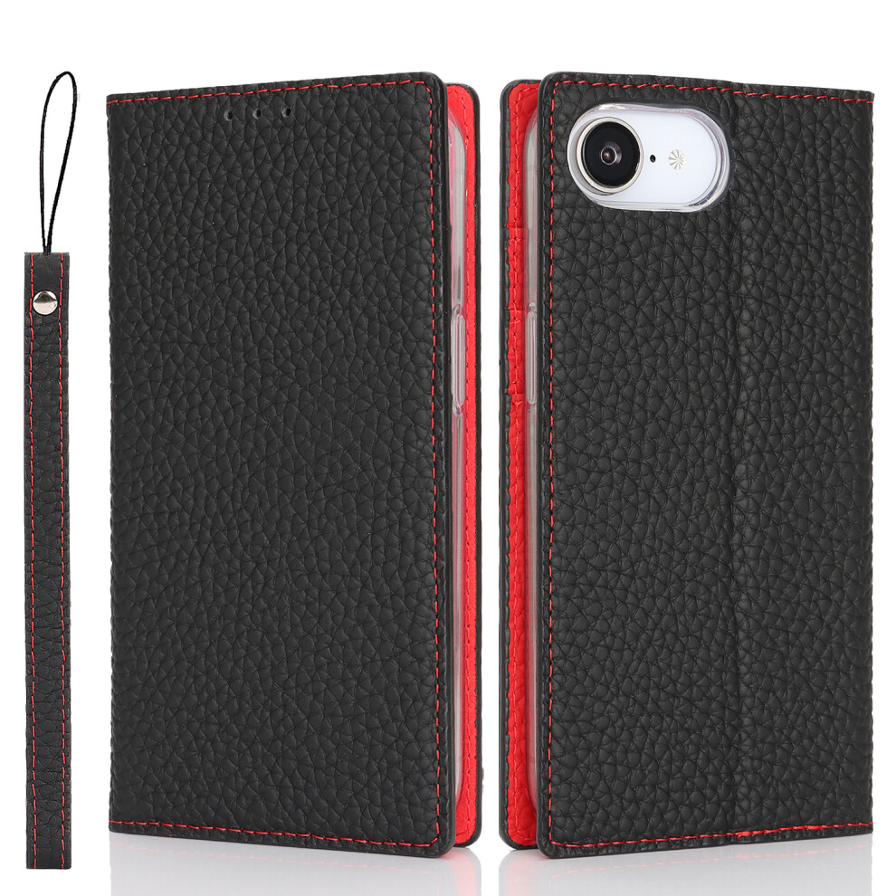 (Iphone 16E, ) For Iphone 16E Wallet Case Genuine Cow Leather Phone Cover Litchi Texture Black 6914280496870