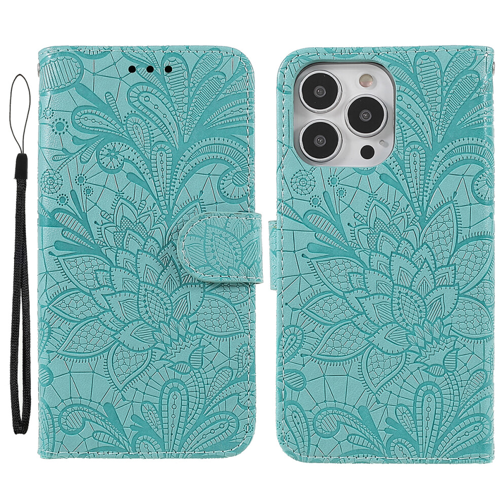 (Iphone 15 Pro Max, ) For Iphone 15 Pro Max Case Lace Flowers Pu Leather Flip Wallet Phone Cover Green 6914286895141