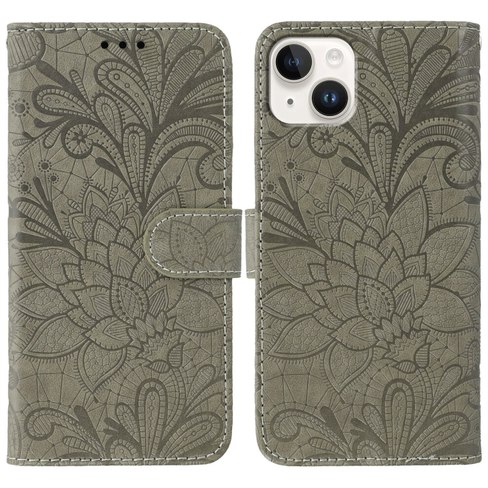(Iphone 15, ) For Iphone 15 Case Lace Flowers Pu Leather Flip Wallet Phone Cover Grey 6914284306298