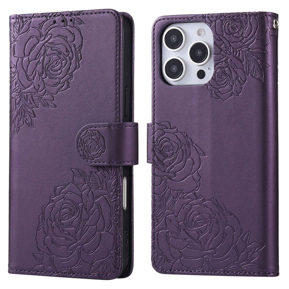 (Iphone 14 Pro, Dark ) For Iphone 14 Pro Case Rose Flower Pu Leather Wallet Phone Cover With 3 Card Slots Purple 6914287919457