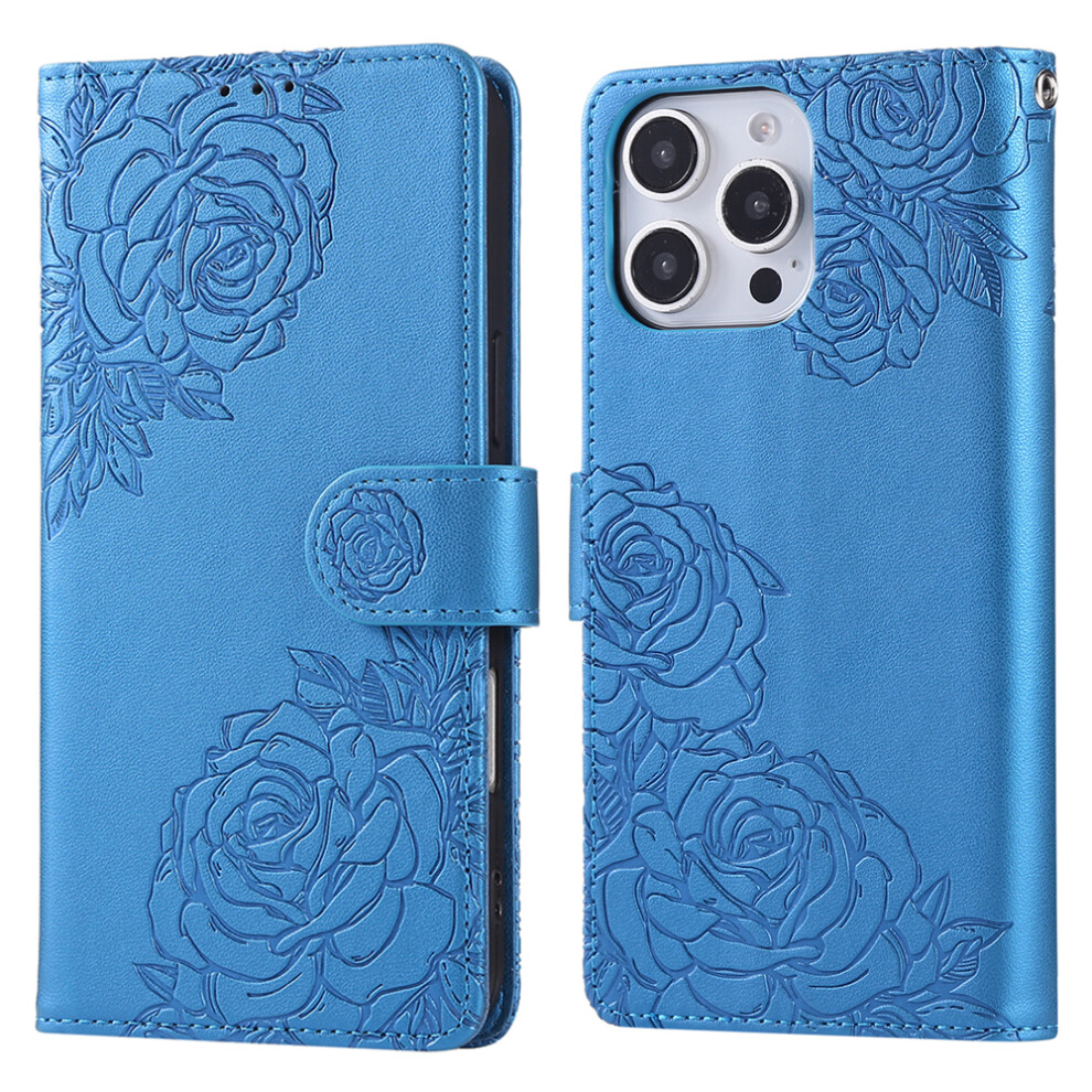 (Iphone 14 Pro, ) For Iphone 14 Pro Case Rose Flower Pu Leather Wallet Phone Cover With 3 Card Slots Blue 6914281990599