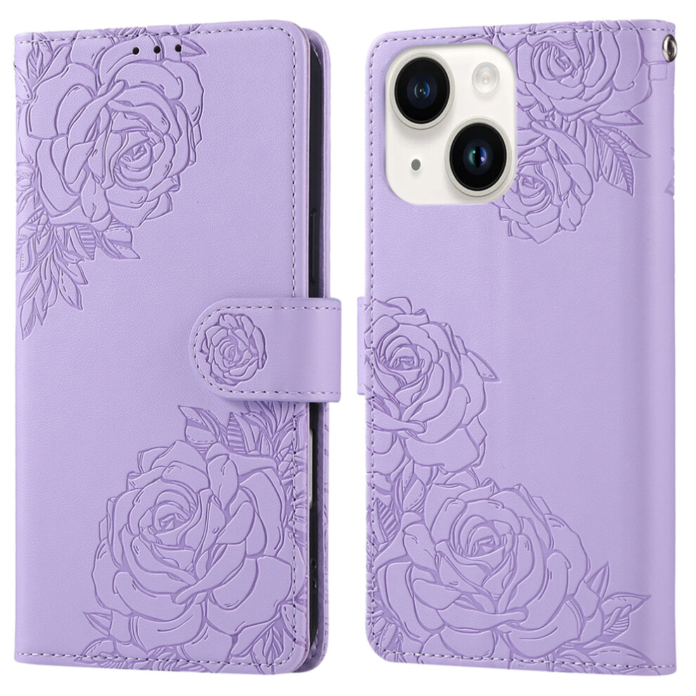 (Iphone 15, ) For Iphone 15 Case Rose Flower Pu Leather Wallet Phone Cover With 3 Card Slot Purple 6914288093163