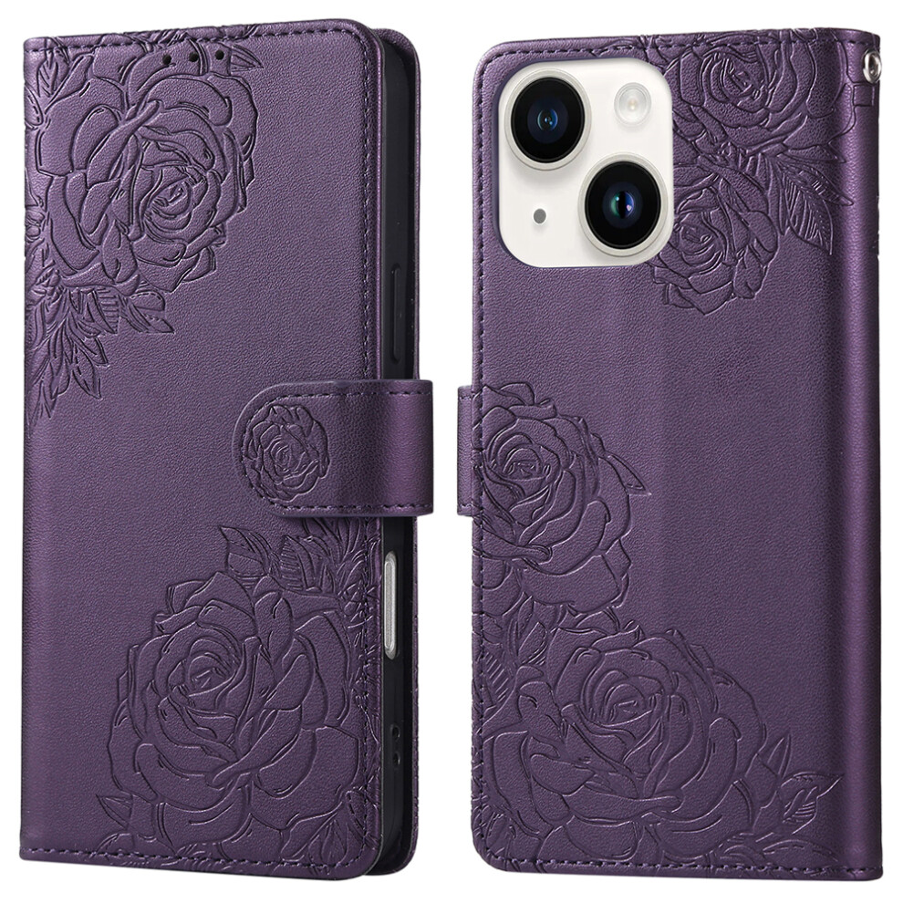 (Iphone 15, Dark ) For Iphone 15 Case Rose Flower Pu Leather Wallet Phone Cover With 3 Card Slot Purple 6914288958943