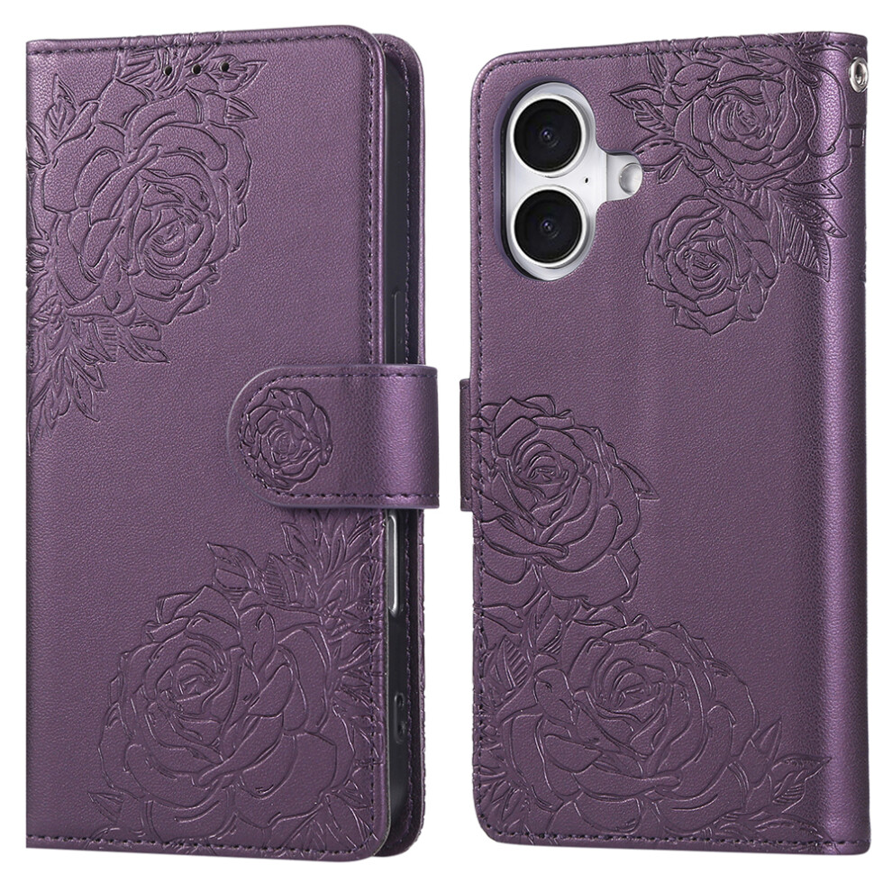 (Iphone 16 Plus, Dark ) For Iphone 16 Plus Case Rose Flower Pu Leather Wallet Phone Cover With 3 Card Slot Purple 6914286483713