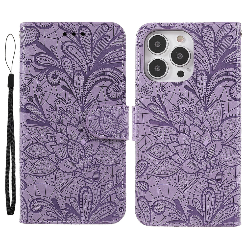 (Iphone 14 Pro Max, ) For Iphone 14 Pro Max Case Lace Flowers Pu Leather Flip Wallet Phone Cover Purple 6914286836311