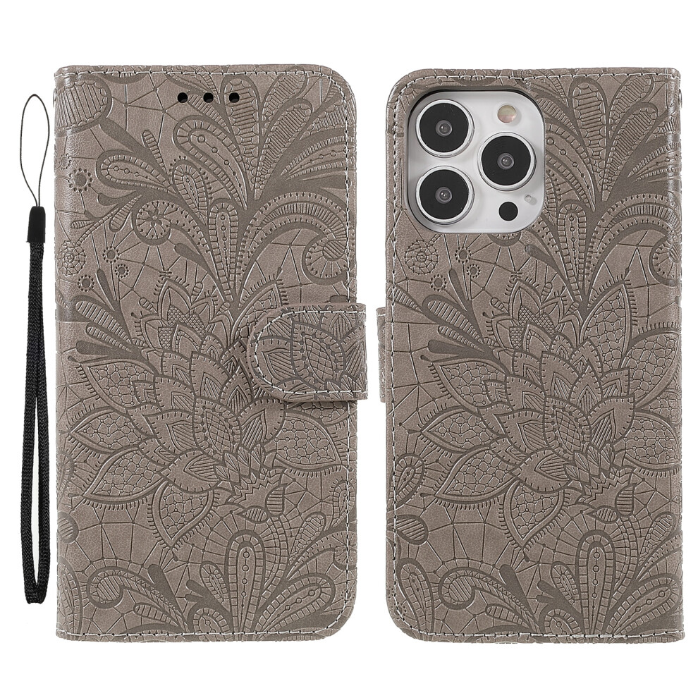 (Iphone 14 Pro Max, ) For Iphone 14 Pro Max Case Lace Flowers Pu Leather Flip Wallet Phone Cover Grey 6914281434963