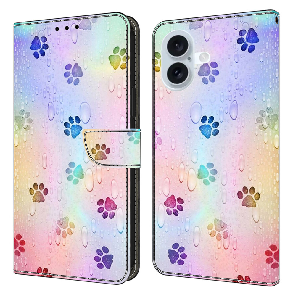 (Iphone 16, Cat Footprints) For Iphone 16 Leather Case Pattern Printing Wallet Stand Flip Phone Cover 6914280769554