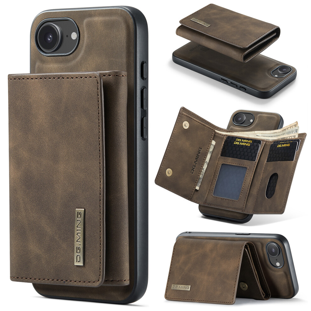 (Iphone 16E, Coffee) Dg.ming M1 Series For Iphone 16E Case Kickstand Pu Phone Cover With Detachable Wallet Brown 6914289952438