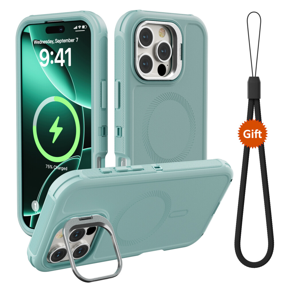 (Iphone 16 Pro, Cyan) For Iphone 16 Pro Magnetic Case Lens Kickstand 3 In 1 Detachable Tpu+Pc Phone Back Cover With Lanyard Blue 6914287726253