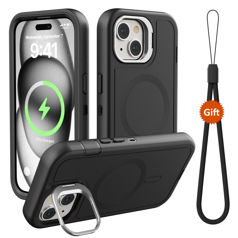(Iphone 15, ) For Iphone 15 Magnetic Case Lens Kickstand 3 In 1 Detachable Tpu+Pc Phone Back Cover With Lanyard Black 6914283308880