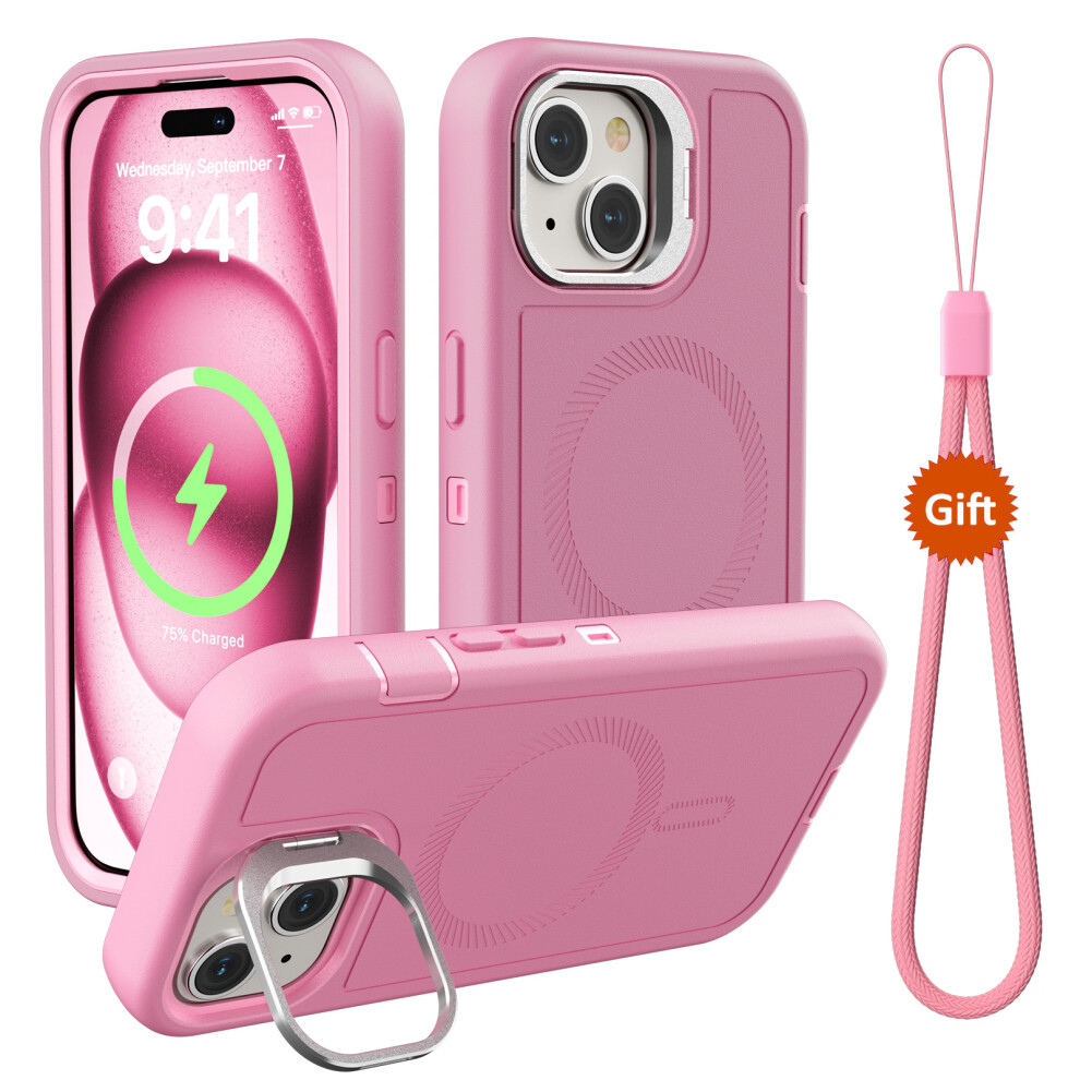 (Iphone 15, ) For Iphone 15 Magnetic Case Lens Kickstand 3 In 1 Detachable Tpu+Pc Phone Back Cover With Lanyard Pink 6914285708992