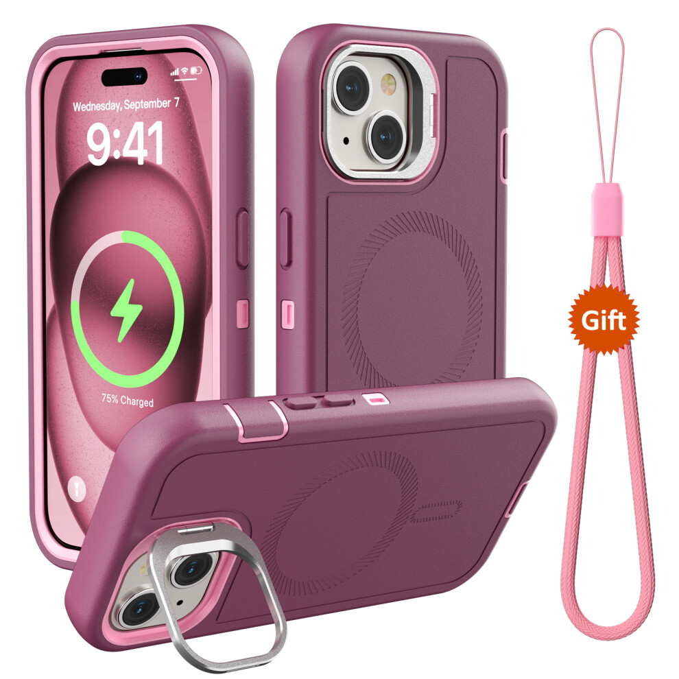 (Iphone 15, Wine ) For Iphone 15 Magnetic Case Lens Kickstand 3 In 1 Detachable Tpu+Pc Phone Back Cover With Lanyard Red 6914286622600