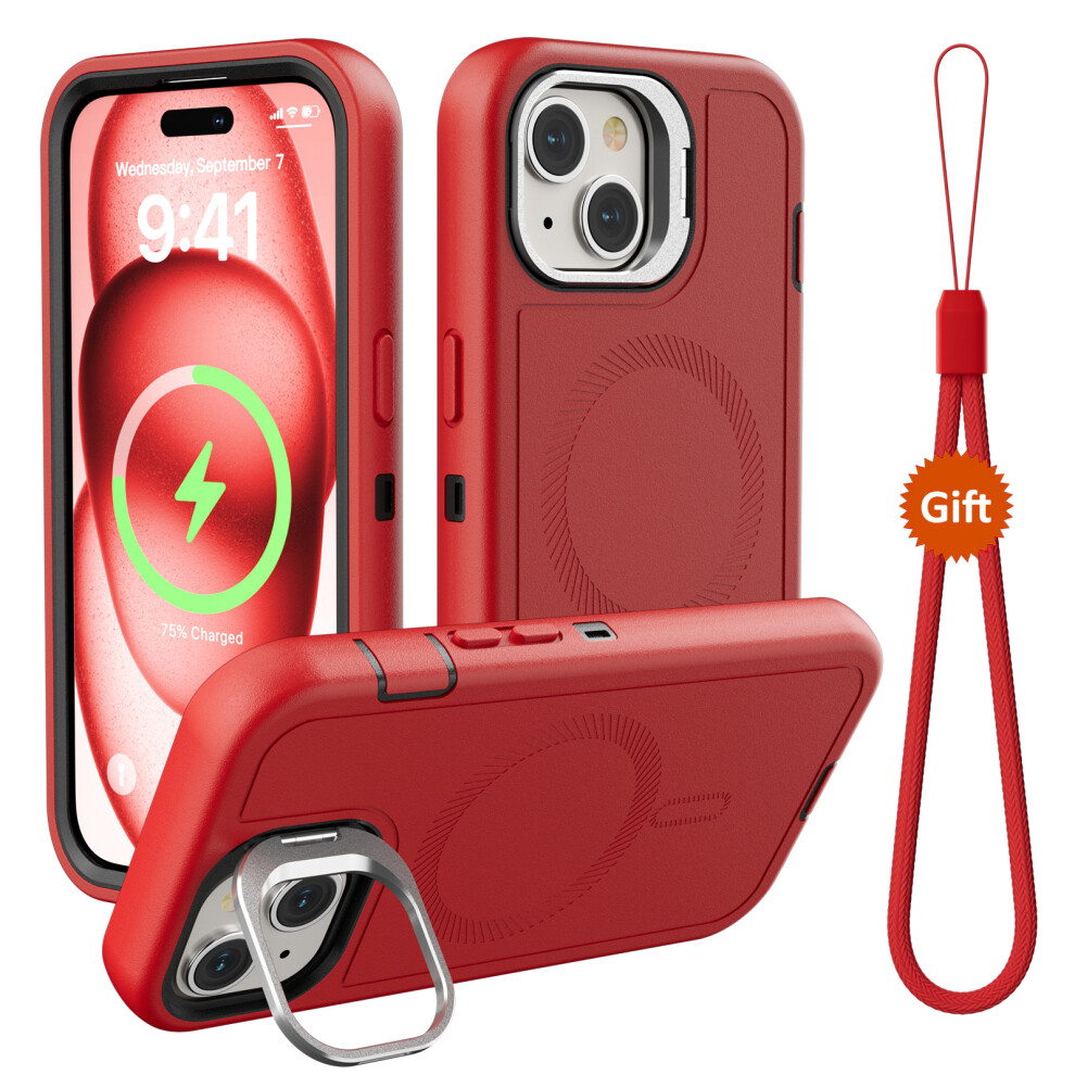 (Iphone 15, ) For Iphone 15 Magnetic Case Lens Kickstand 3 In 1 Detachable Tpu+Pc Phone Back Cover With Lanyard Red 6914280550152
