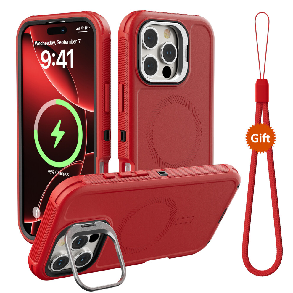 (Iphone 16 Pro, ) For Iphone 16 Pro Magnetic Case Lens Kickstand 3 In 1 Detachable Tpu+Pc Phone Back Cover With Lanyard Red 6914289995152