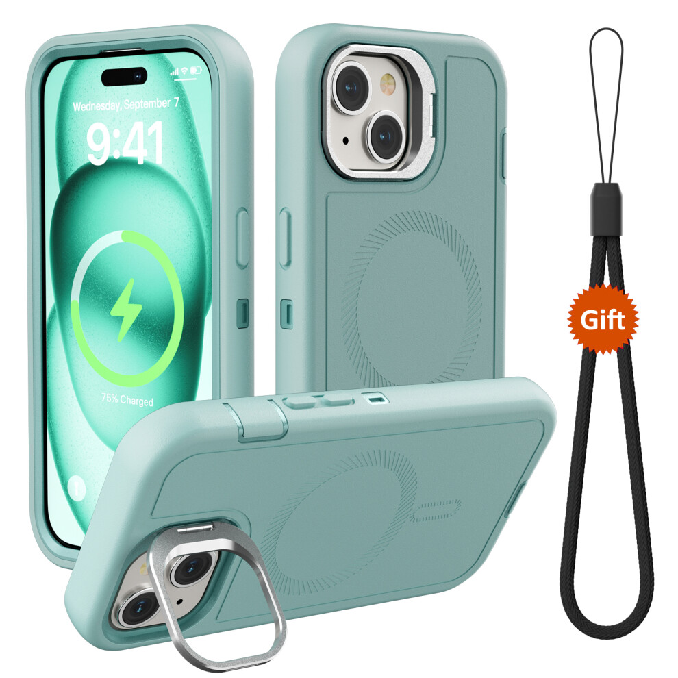 (Iphone 15, Cyan) For Iphone 15 Magnetic Case Lens Kickstand 3 In 1 Detachable Tpu+Pc Phone Back Cover With Lanyard Blue 6914284749224