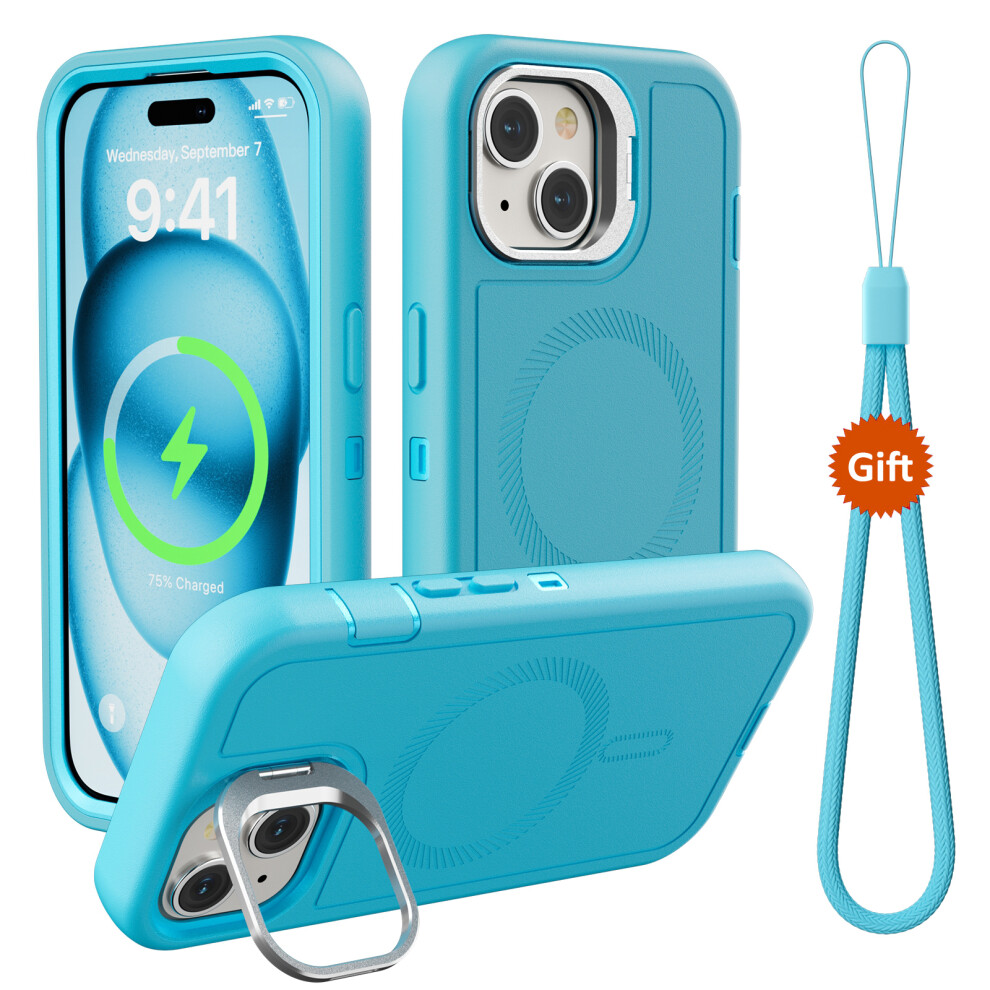 (Iphone 15, ) For Iphone 15 Magnetic Case Lens Kickstand 3 In 1 Detachable Tpu+Pc Phone Back Cover With Lanyard Blue 6914288762014