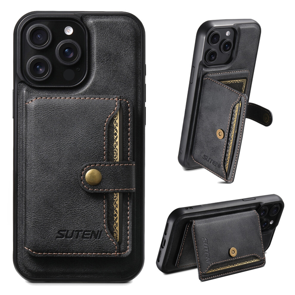 (Iphone 14 Pro Max, ) Suteni M4 For Iphone 14 Pro Max Magnetic Case With Card Holder Cowhide Texture Leather Back Cover Black 6914286871688