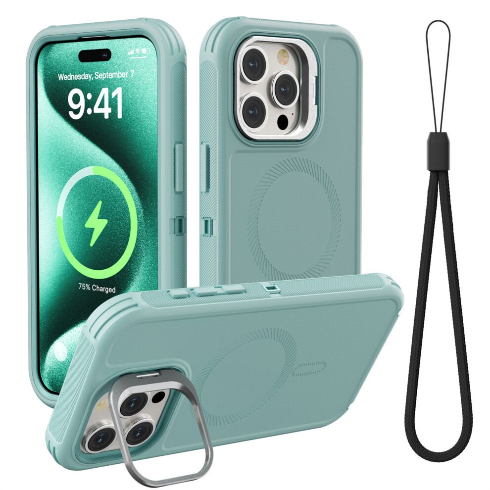 (Iphone 15 Pro, Cyan) For Iphone 15 Pro Magnetic Case Lens Kickstand 3 In 1 Detachable Tpu+Pc Phone Back Cover With Lanyard Blue 6914283758777