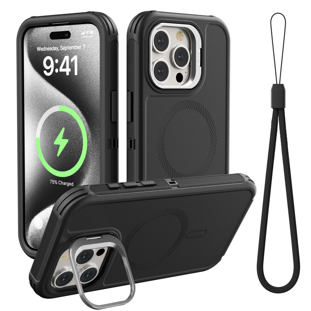 (Iphone 15 Pro, ) For Iphone 15 Pro Magnetic Case Lens Kickstand 3 In 1 Detachable Tpu+Pc Phone Back Cover With Lanyard Black 6914281617977