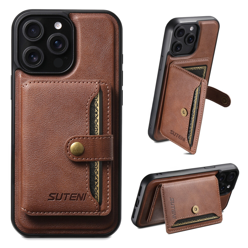(Iphone 13 Pro Max, ) Suteni M4 For Iphone 13 Pro Max Magnetic Case With Card Holder Cowhide Texture Leather Back Cover Brown 6914289932034