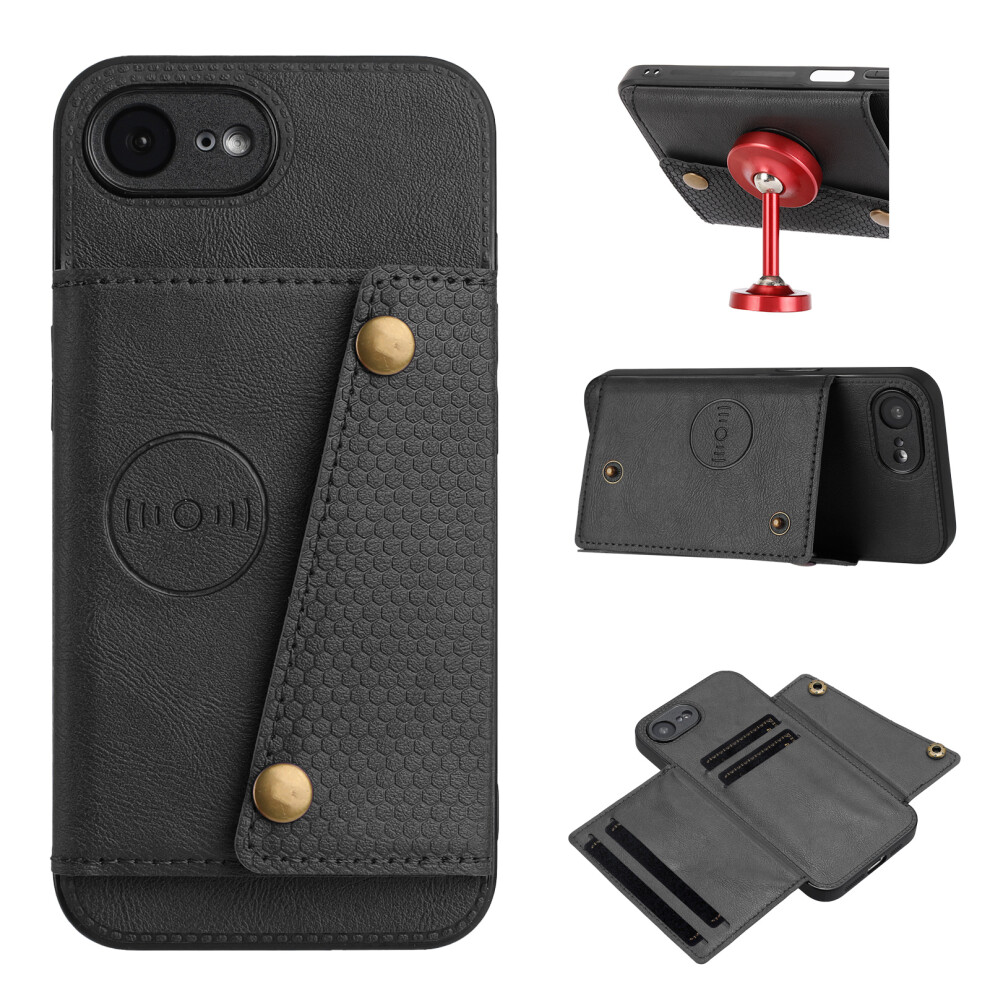 (Iphone 16E, ) For Iphone 16E Case With Card Slots Kickstand Leather+Tpu Phone Cover Black 6914284956974