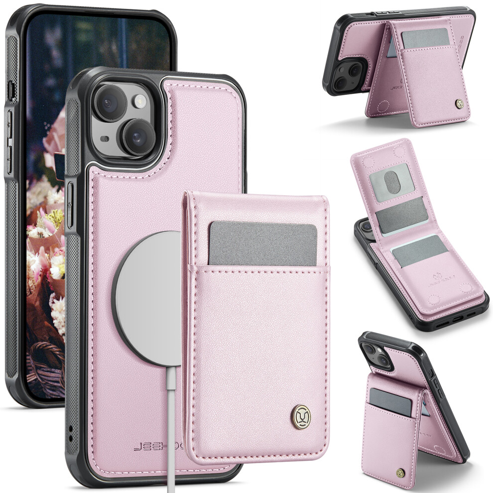 (Iphone 14, ) For Iphone 14 Leather Back Cover Compatible With Magsafe Jeehood J06 Phone Case With Card Bag Rfid Blocking Pink 6914282073420