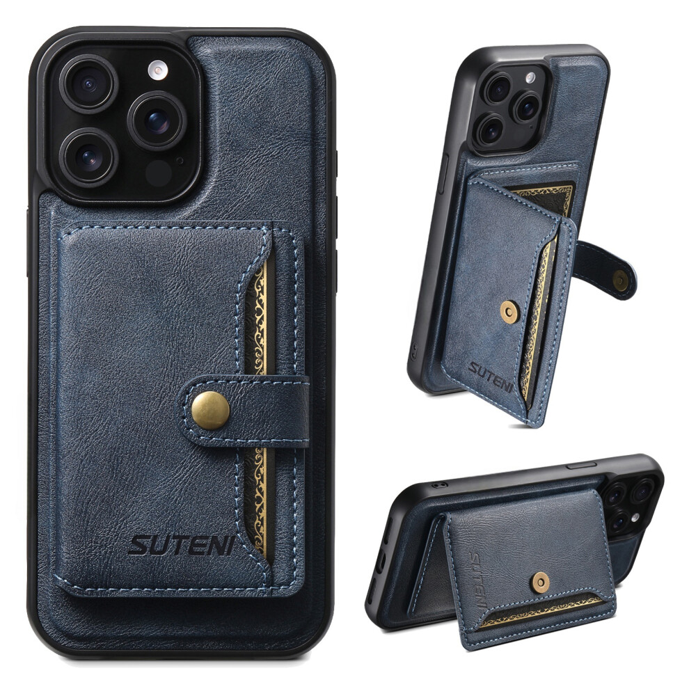 (Iphone 13 Pro, ) Suteni M4 For Iphone 13 Pro Magnetic Case With Card Holder Cowhide Texture Leather Back Cover Blue 6914285083839