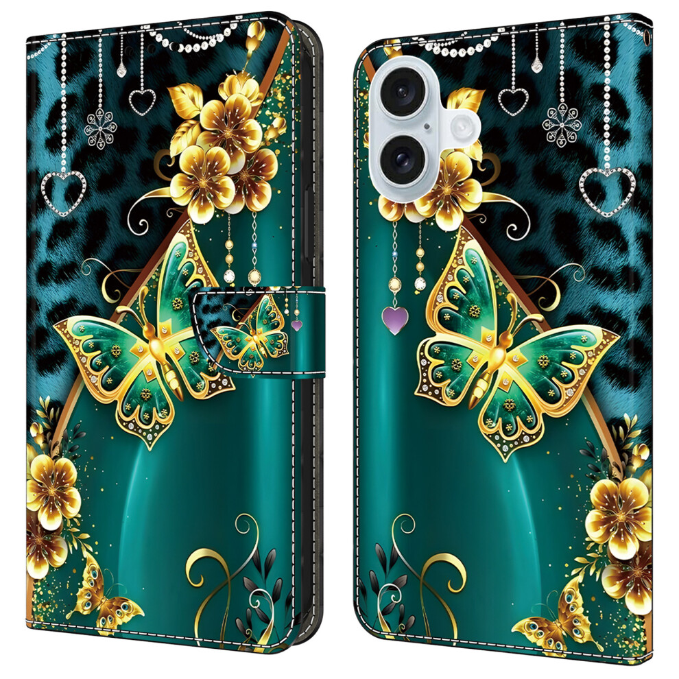 (Iphone 16, Flower Butterfly) For Iphone 16 Leather Case Pattern Printing Wallet Stand Anti Drop Phone Cover Golden 6914281482742