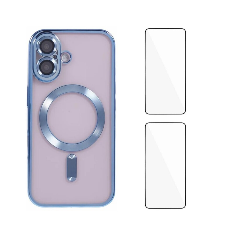 (Iphone 16, ) For Iphone 16 Magnetic Case Wanlonfeng Electroplated Tpu Cover With Lens Film+2Pcs Tempered Glass Blue 6914289661705