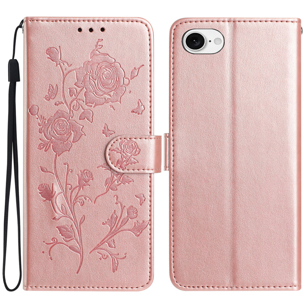 (Iphone 16E, Rose ) For Iphone 16E Wallet Case Rose Pattern Imprinted Leather Flip Stand Phone Cover Gold 6914286288547