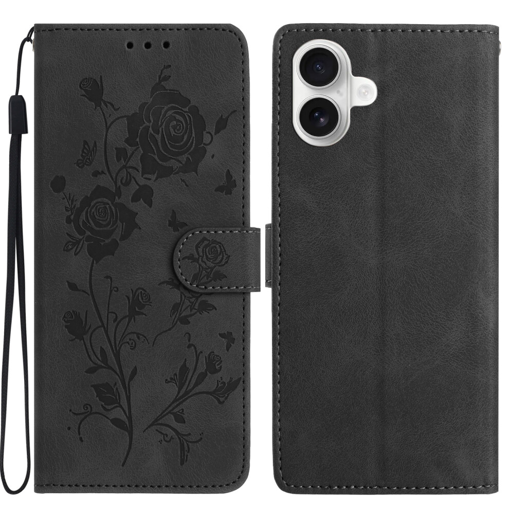 (Iphone 16, ) For Iphone 16 Wallet Case Rose Pattern Imprinted Leather Flip Stand Phone Cover Black 6914280301334