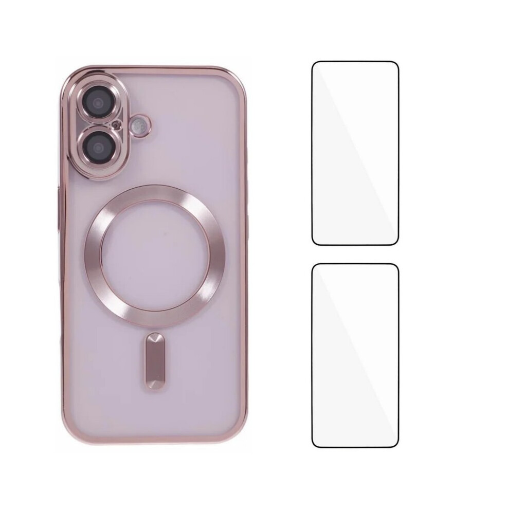 (Iphone 16, ) For Iphone 16 Magnetic Case Wanlonfeng Electroplated Tpu Cover With Lens Film+2Pcs Tempered Glass Pink 6914283555666
