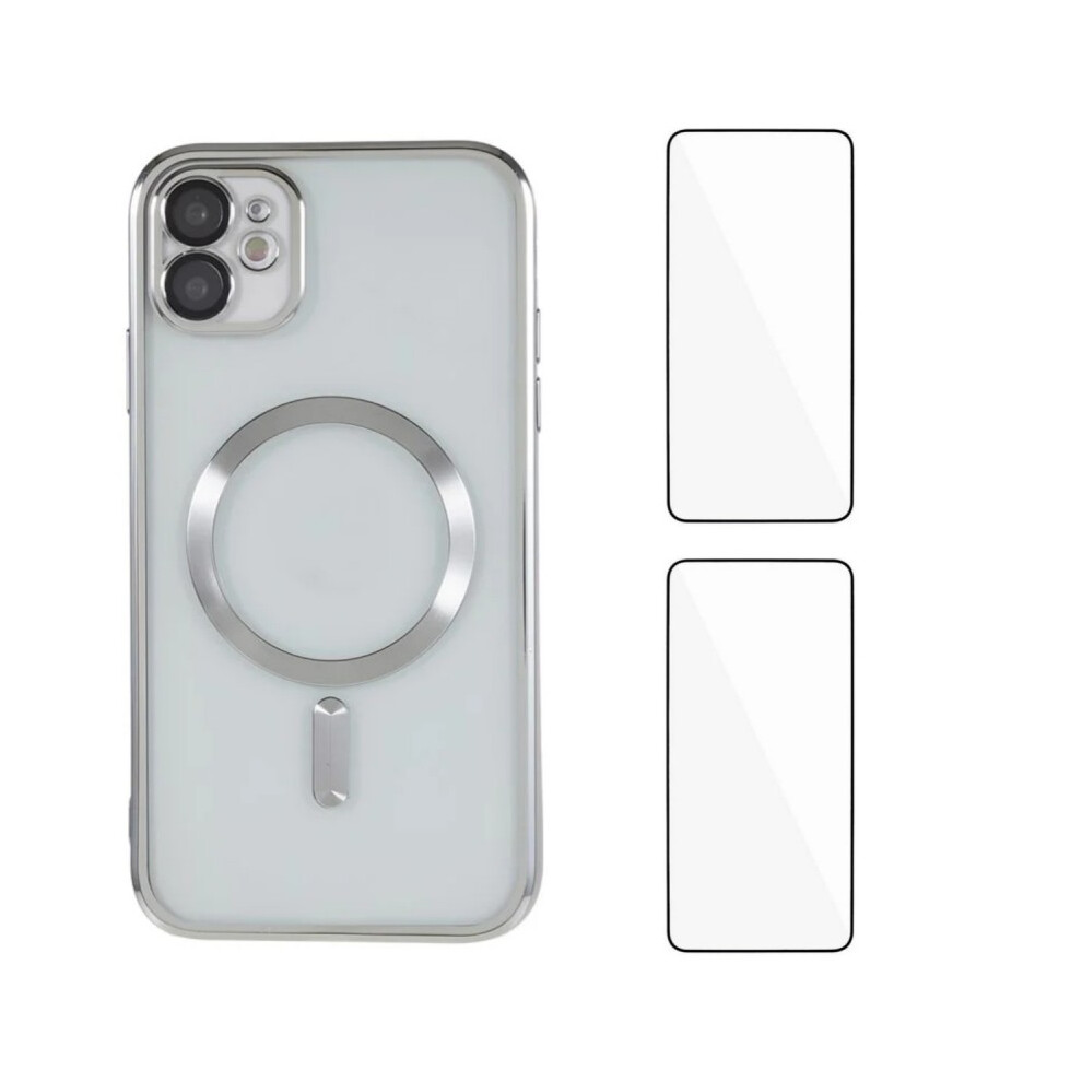 (Iphone 11, ) For Iphone 11 Magnetic Case Wanlonfeng Electroplated Tpu Cover With Lens Film+2Pcs Tempered Glass Silver 6914289229042