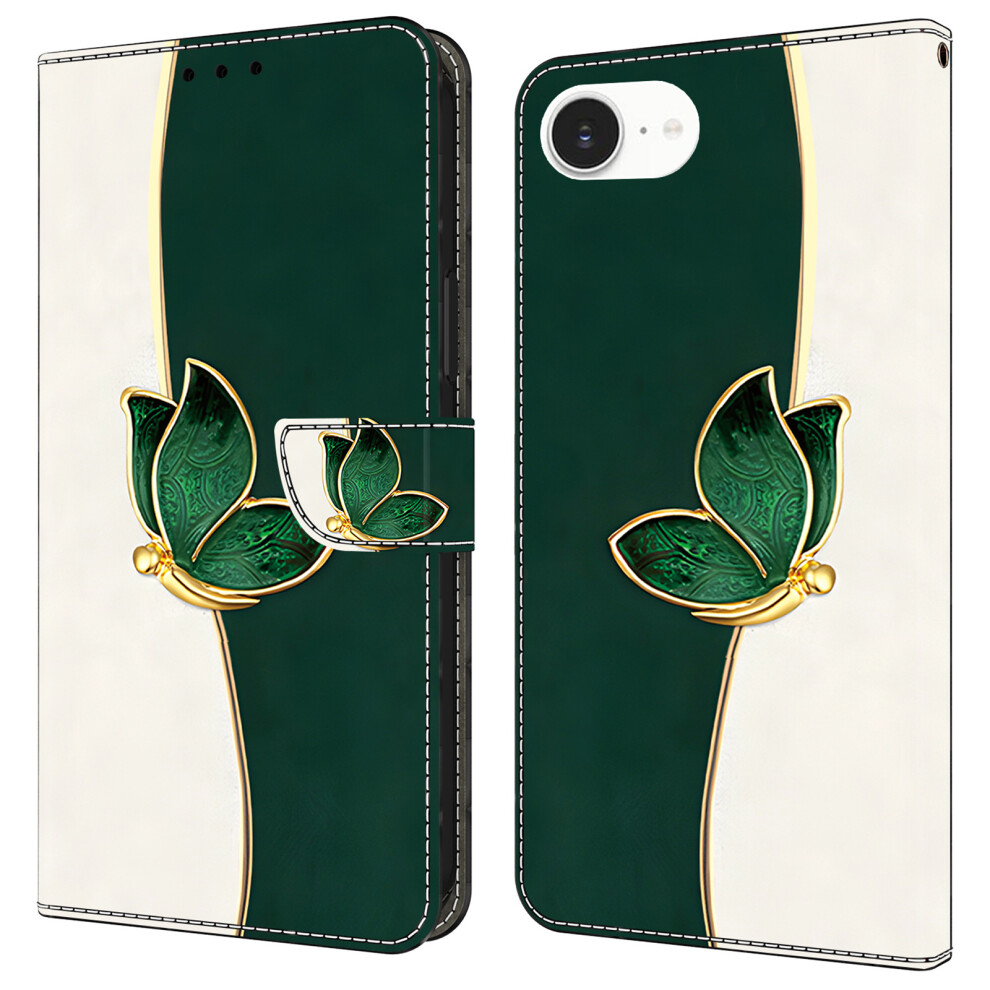 (Iphone 16E, Butterfly) For Iphone 16E Leather Case Pattern Printing Wallet Stand Anti Drop Phone Cover Green 6914285291388