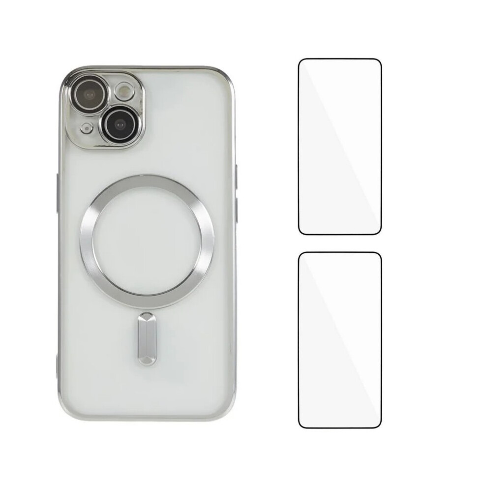(Iphone 15, ) For Iphone 15 Magnetic Case Wanlonfeng Electroplated Tpu Cover With Lens Film+2Pcs Tempered Glass Silver 6914282888437