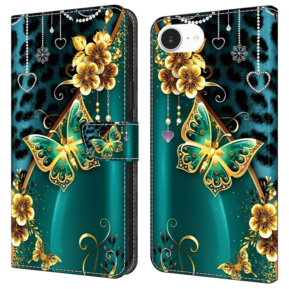 (Iphone 16E, Flower Butterfly) For Iphone 16E Leather Case Pattern Printing Wallet Stand Anti Drop Phone Cover Golden 6914288061971