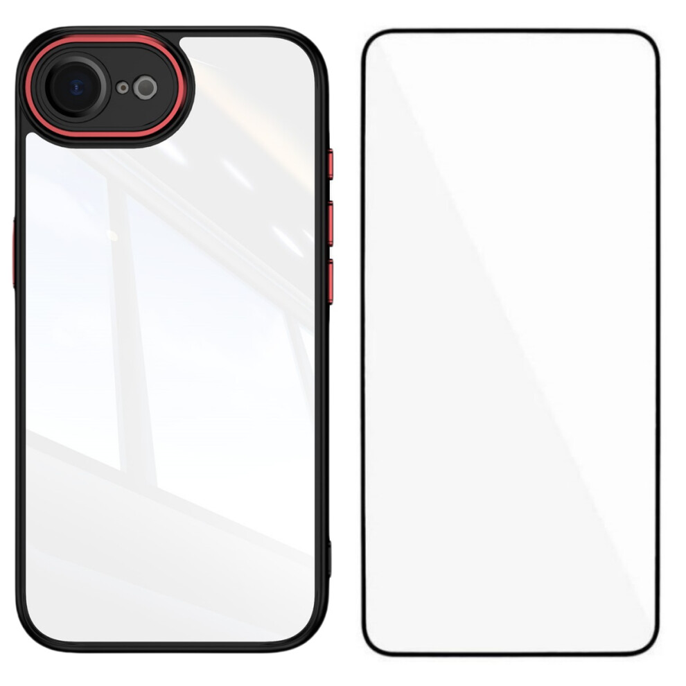 (Iphone 16E, Black Red) For Iphone 16E Tpu Case Wanlonfeng Shockproof Clear Phone Cover With Tempered Glass Film Black,Red 6914280876405